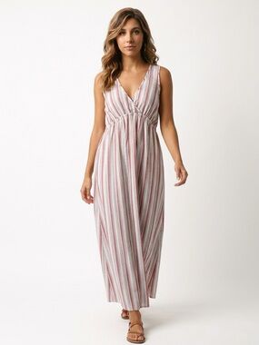 Striped V-Neck Sleeveless xx in Maxi Dress - Pink & White